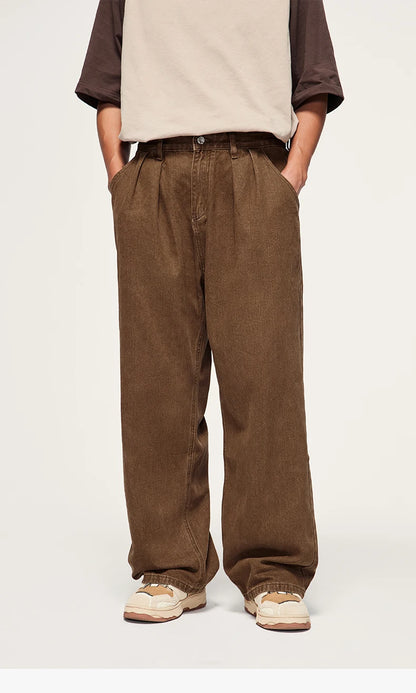 INFLATION Brown Retro Washed Denim Pants Unisex Classic Straight Leg Jeans Male Trouser Plus Size