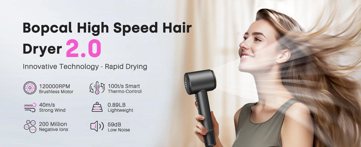 Hair Dryer, Negative Ionic Blow Dryer 120000 RPM Brushless Motor 40M/S Fast Drying High-Speed Low Noise Thermo-Control Hairdryer