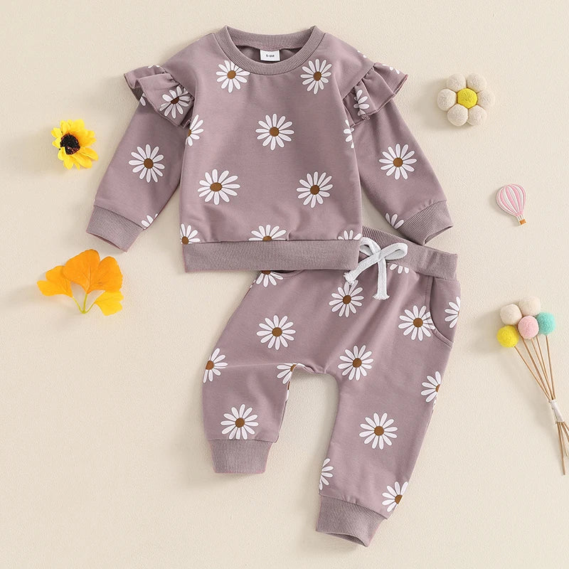 2025 Lorrainian Toddler Girl Fall Outfit Daisy Print Long Sleeve Sweatshirt with Elastic Waist Pants 2 Pcs Set