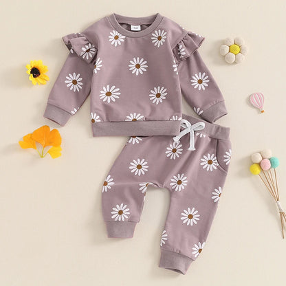 2025 Lorrainian Toddler Girl Fall Outfit Daisy Print Long Sleeve Sweatshirt with Elastic Waist Pants 2 Pcs Set