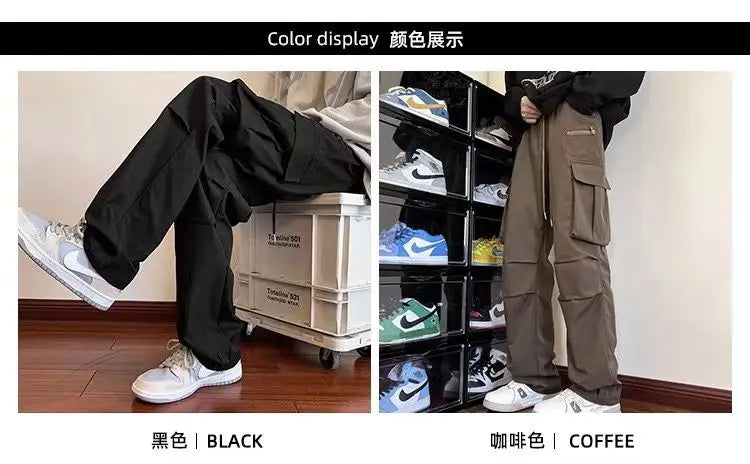 New Overalls Men's Spring Summer Retro High Street Casual pants Large Pocket Trousers Loose Straight Tube Draped Wide-leg Pants