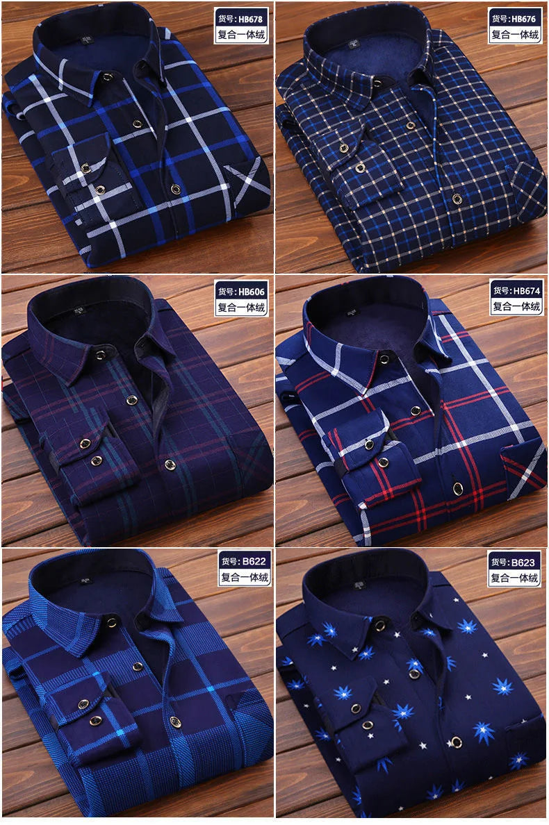 2025 Men's Autumn Winter Casual Fleece Plaid Shirt Fashion Soft Warm Turn Down Collar Long Sleeve Shirt Male High-Quality Tops