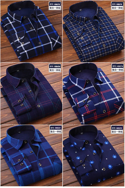 2025 Men's Autumn Winter Casual Fleece Plaid Shirt Fashion Soft Warm Turn Down Collar Long Sleeve Shirt Male High-Quality Tops