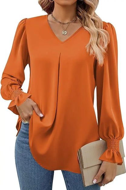 Women's New Solid Color Chiffon Shirt V-neck Pullover Flared Long Sleeved Top Shirt Office Lady Elegant Khaki Loose Blouse