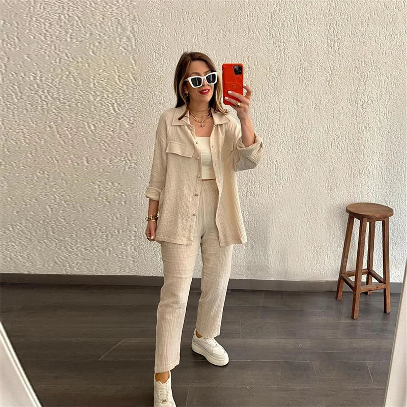 Summer outfits for women 2025 New Loose Button Long Sleeve Shirt and Cropped Pants Casual Sports Summer women's suit Pants Set