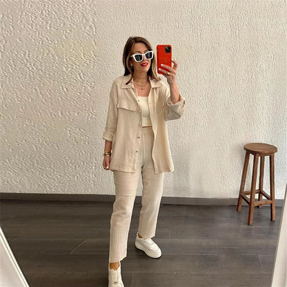 Summer outfits for women 2025 New Loose Button Long Sleeve Shirt and Cropped Pants Casual Sports Summer women's suit Pants Set