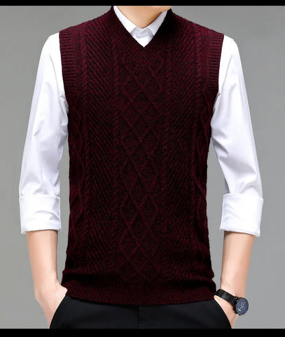 Stylish V-neck Jacquard Knit Sleeveless Sweater Vest for Men Middle-aged Men Fashion Solid Color Warm Top