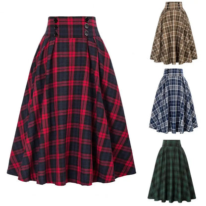 Loose Fit Skirt Elegant Retro Ruffle Maxi Skirt with Color block Plaid Print Soft Pockets for Women High Elastic Waist for Party