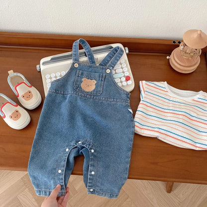 2025 Autumn Korean Baby Boys Girls Pants Cartoon Jeans Overalls Cute Bear Infant Toddler Kids Cotton Suspender Denim Jumpsuit