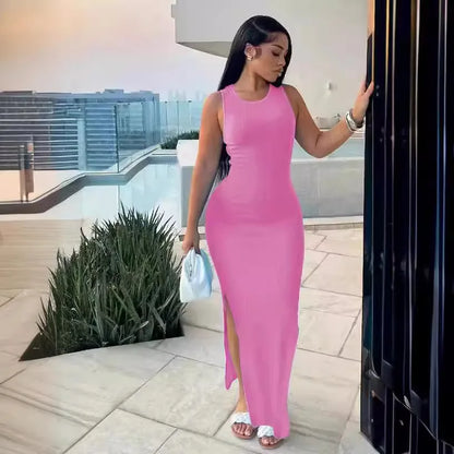 Sexy Sleeveless Knitted Long Dress for Women Fashion O-neck Pure Color Bodycon Dress Summer Split Package Hips Party Dress Black