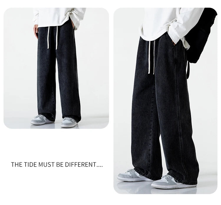Spring Men Baggy Washed Jeans Drawstring Wide Leg Cargo Denim Pants Fashion Casual Trousers Male Designer Clothing Blue Black