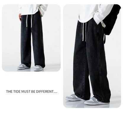 Spring Men Baggy Washed Jeans Drawstring Wide Leg Cargo Denim Pants Fashion Casual Trousers Male Designer Clothing Blue Black
