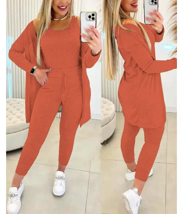 Elegant Fall Outfits Women 2025 Suit Fashion Versatile Casual Round Neck Tank Top & Drawstring Pants Set with Coat Three-piece