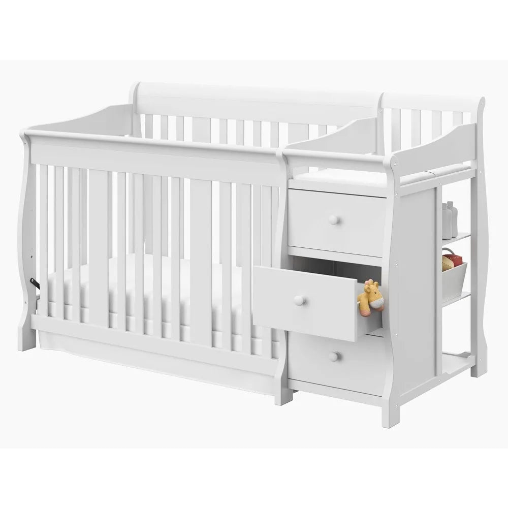 Portofino 5-in-1 Convertible Crib and Changer (White) – Changing-Table Combo with Drawer, Converts to Toddler Bed