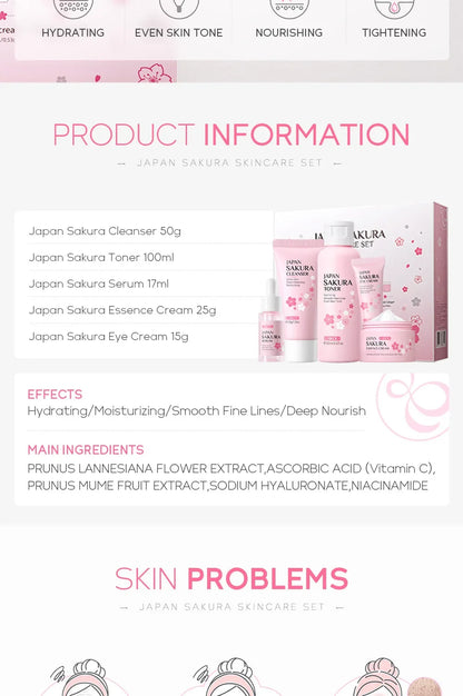 LAIKOU Sakura Kit Skin Care Sets Moisturizing and Reducing Fine Lines Cleansing Pore Product 5-Piece Korean Christmas Gift Set
