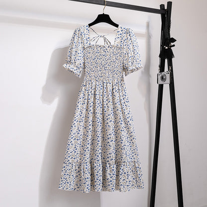 Summer Pleated Women Chiffon Dresses Casual Beach Holiday Short Sleeve Square Collar Woman Midi Dress Bohemian