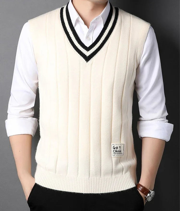 Men's Clothing Icon Knit Sweater Male Sleeveless Striped Waistcoat Vest Beige Heated Korean Style High Quality Replica Street X