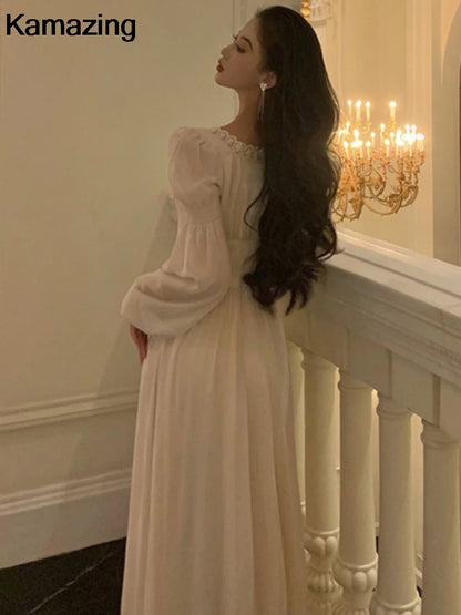 Elegant Square Collar Lace Dress Princess Evening Party Midi Dresses Women Autumn High Waist A-line Prom Robe One Piece Vestidos