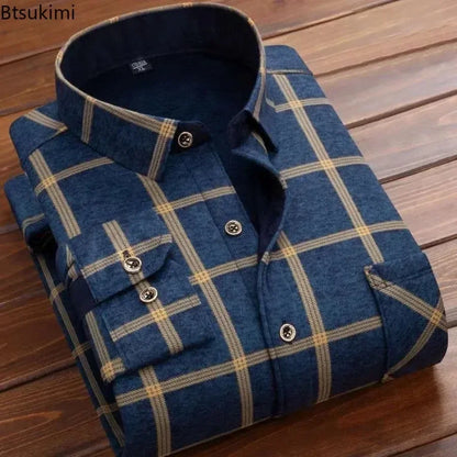 New 2025 Men's Thick Long Sleeve Shirts Fashion Casual Business Versatile Shirts Tops Men Plaid Striped Warm Shirts Camisas Male