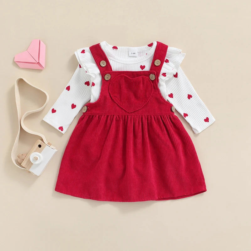 Tregren Valentine's Day Infant Newborn Baby Girls Clothes Heart Pattern Ruffle Long Sleeve Romper + Corduroy Suspender Skirt Set