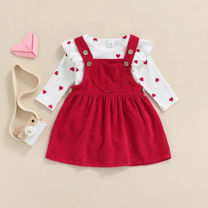 Tregren Valentine's Day Infant Newborn Baby Girls Clothes Heart Pattern Ruffle Long Sleeve Romper + Corduroy Suspender Skirt Set