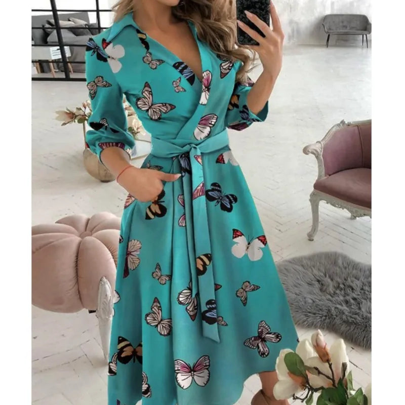 Office Women Casual Sashes A-Line Wrap Summer Dress 2025 Print Long Sleeve V-Neck Dress Pocket Elegant Midi Party Dress Vestidos