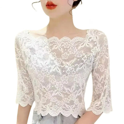 Women Lace Tops Summer Cropped Tops One-word Collar Half Sleeve Blouse Floral Plaid Sheer Sexy Top Embroidery Lace Pullover Tops