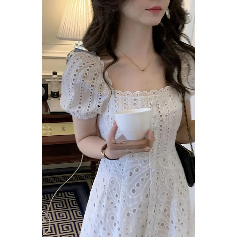 Summer Elegant Korean Chic White Midi Dress Women French Hollow Out Sexy Kawaii Vestidos De Fiesta Fashion Short Sleeve Dress
