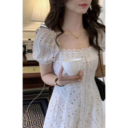 Summer Elegant Korean Chic White Midi Dress Women French Hollow Out Sexy Kawaii Vestidos De Fiesta Fashion Short Sleeve Dress