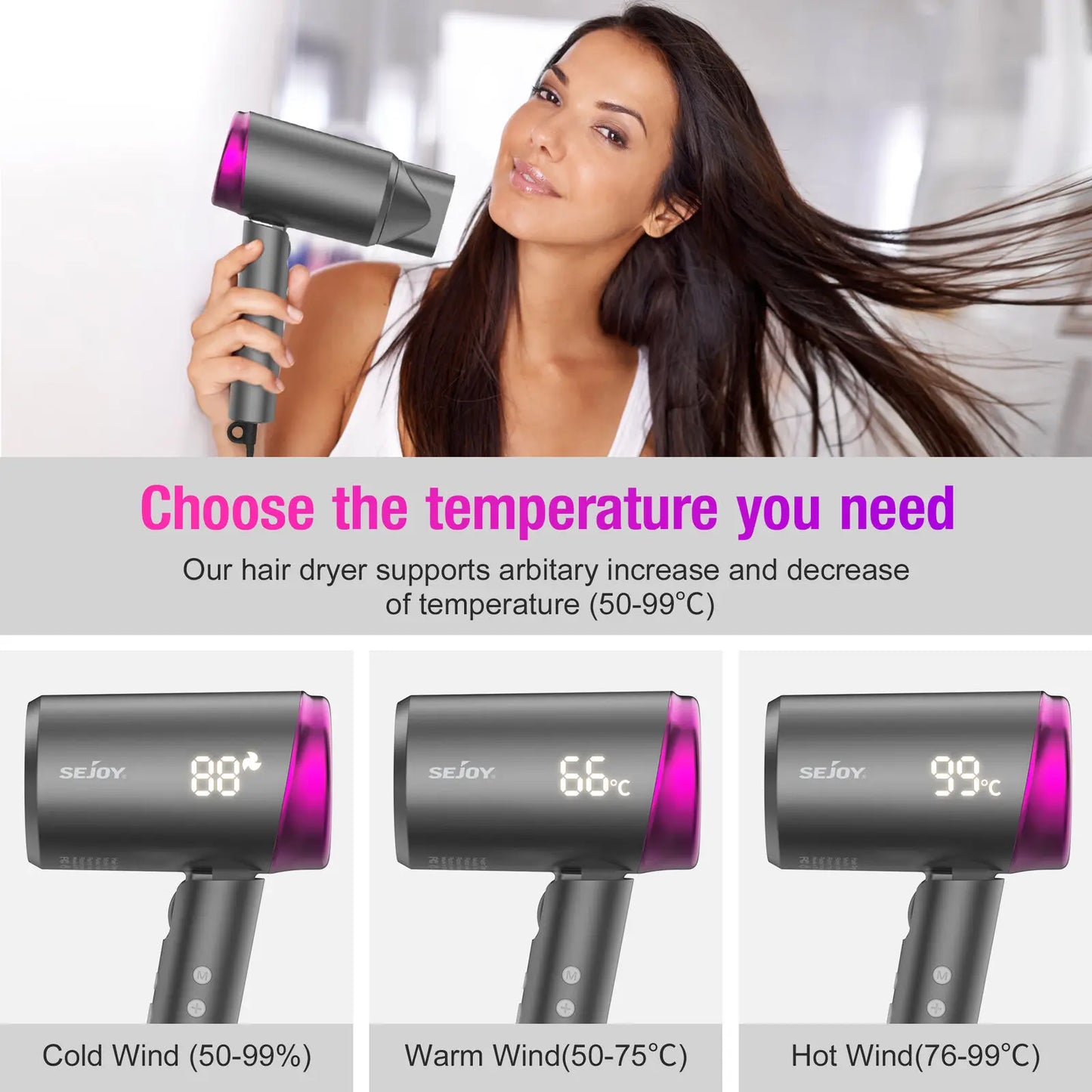 SEJOY Ionic Hair Dryers LED Display Anion Technology Portable Lightweight Blow Dryer Airflow Salon