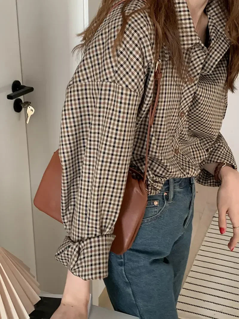 Plaid Shirts Women Retro Turn-down Collar Blouses All-match Straight Hong Kong Style Button Up Elegant Long Sleeve Outwear Femme