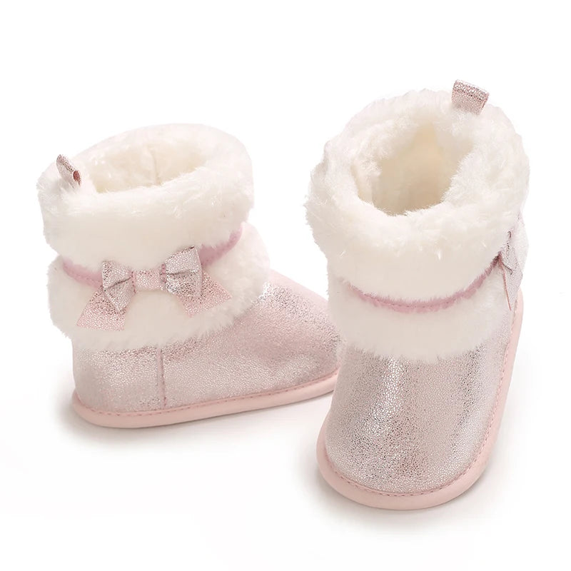 Suefunskry Newborn Baby Girl Winter Warm Plush Boots Shiny Flats with Cute Bows Casual Walking Shoes for Toddler Infant