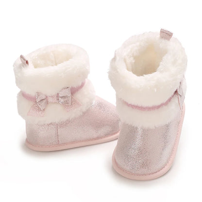 Suefunskry Newborn Baby Girl Winter Warm Plush Boots Shiny Flats with Cute Bows Casual Walking Shoes for Toddler Infant