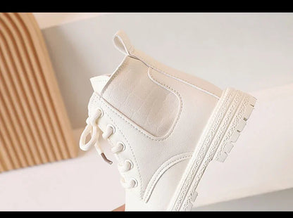 2025 Beige Girls Boots Side Zipper Simple Non-slip Casual Kids Shoes Versatile Soft Boys Britain Style Children Short Boots PU
