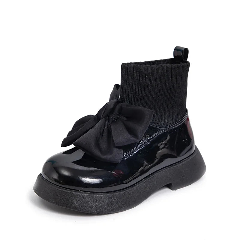 Children's Boots Fashion PU Solid Black Bow Girls Uniform 2025 Spring and Autumn New Kids Fashion Flying Knit School Socks Shoes