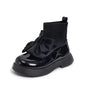 Children's Boots Fashion PU Solid Black Bow Girls Uniform 2025 Spring and Autumn New Kids Fashion Flying Knit School Socks Shoes