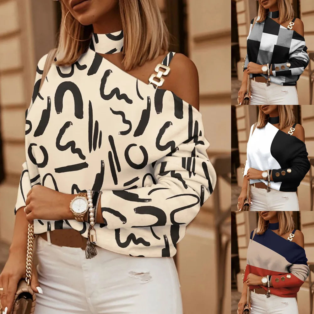 Sexy Off Shoulder Halter Neck Women Blouse Long Sleeve Fashion Print Casual Loose Tops 2025 Autumn Elegant Office Ladies Blouses