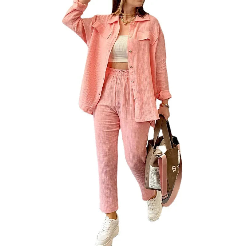 Summer outfits for women 2025 New Loose Button Long Sleeve Shirt and Cropped Pants Casual Sports Summer women's suit Pants Set