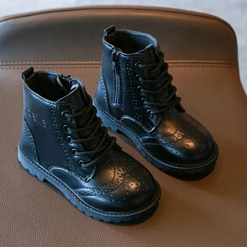 Kids Casual Boots PU Leather Black Zipper for Boys Girls Cross-tied Children Ankle High Boots Anti-skid Round Toes Soft Quality