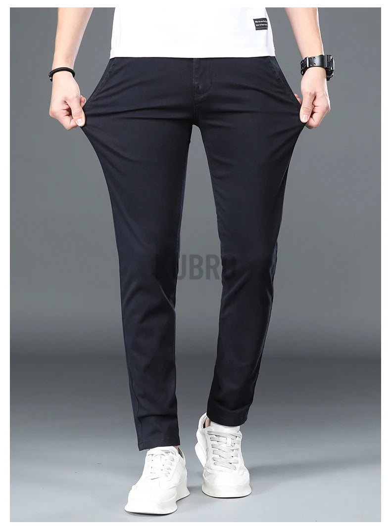 KUBRO Korean Style Cotton Soft Elastic Slim Straight Trousers Summer Thin Office Fashion Versatile Men's Business Casual Pants