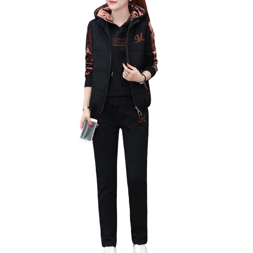 3Pcs/Set Simple Waistcoat Hoodie Pants Patchwork Color Women Tracksuit Multi Pockets Cold Resistant
