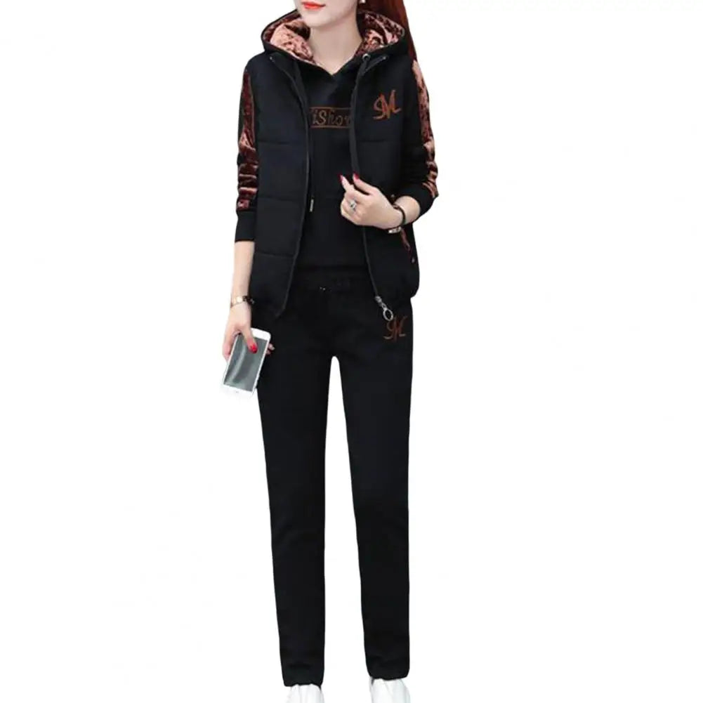 3Pcs/Set Simple Waistcoat Hoodie Pants Patchwork Color Women Tracksuit Multi Pockets Cold Resistant
