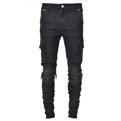 Jeans Men Pants Wash Solid Color Multi Pockets Denim Mid Waist Cargo Jeans Plus Size Fashion Casual Trousers Male Daily Wear