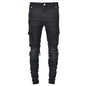 Jeans Men Pants Wash Solid Color Multi Pockets Denim Mid Waist Cargo Jeans Plus Size Fashion Casual Trousers Male Daily Wear