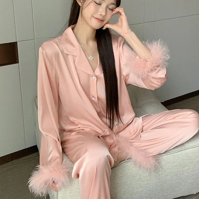 Spring Autumn Female Pajamas Trouser Set Luxury Feather Pink Bride Wedding Sleep wear Gift Sexy Loose Satin Home Wear Lounge wear