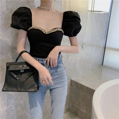 Belly Button Shirt Chic Chain Off Shoulder Expose Clavicle Tank Top Summer Puff Sleeve Crop Tops Women Elegant Sexy Slim Blouses