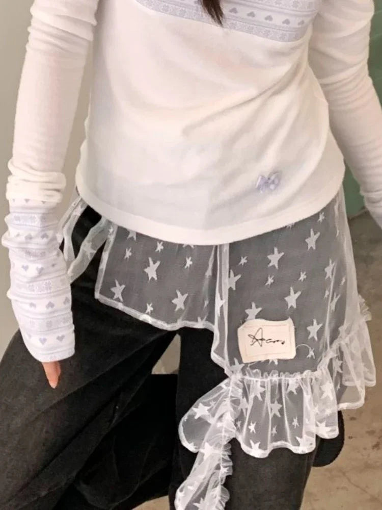 Fashion Star Gauze Sweet Irregular Chic Women Skirts Japanese Y2k Aesthetic Split Skirt Vintage Casual Lace Ruffled Fairy Faldas