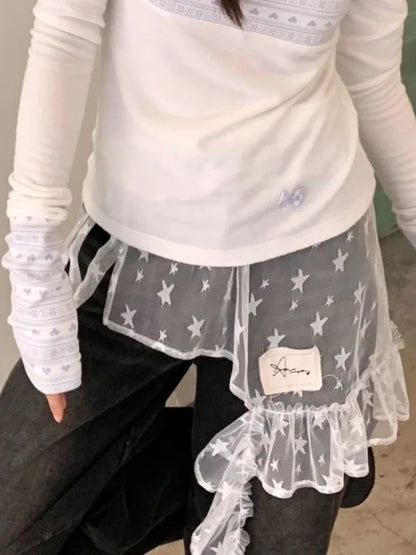 Fashion Star Gauze Sweet Irregular Chic Women Skirts Japanese Y2k Aesthetic Split Skirt Vintage Casual Lace Ruffled Fairy Faldas