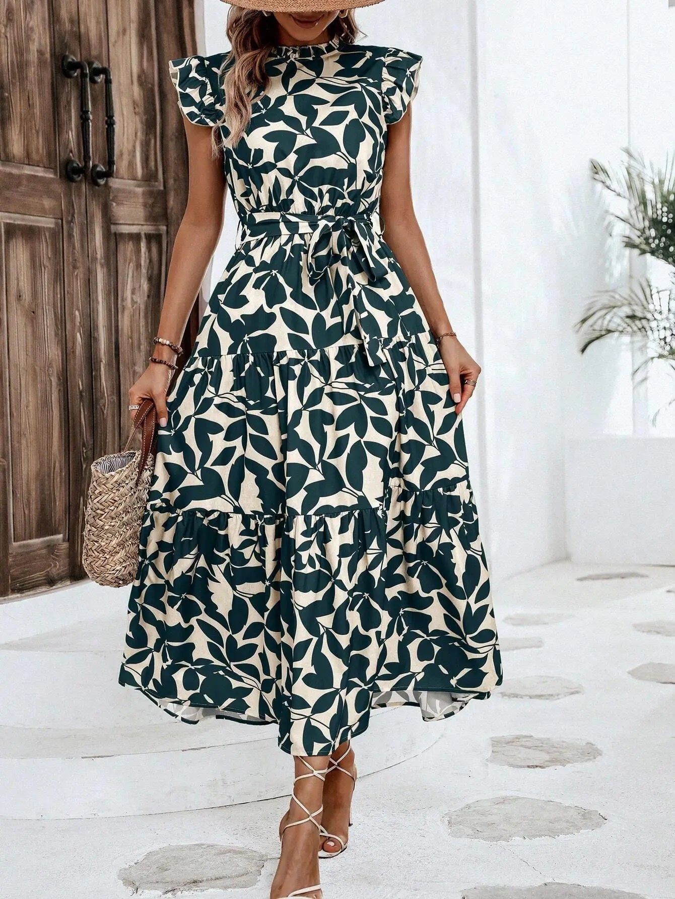 Elegant Women's Flower Midi Dress New Summer Fashion Stand Collar Flying Sleeve Lace Up Dress Casual Beach Holiday Dresses Robe