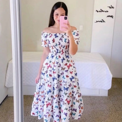 Elegant Women's Off Shoulder Midi Dress 2025 Summer Fashion dresses High Waist Flower Print Short  Sleeve Dress Robe Clothing